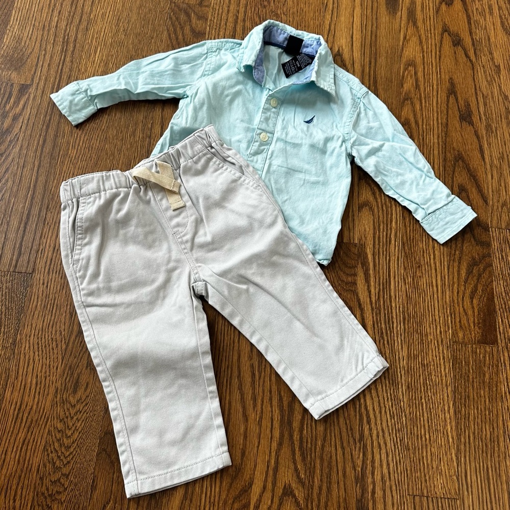 Nautica Mint Green Button-Down Shirt with Light Gray Pants Set, size 12M